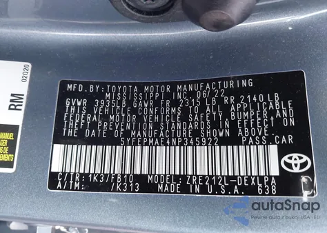 2022 Toyota Corolla Le z USA, uszkodzony, nr VIN 5YFEPMAE4NP345922